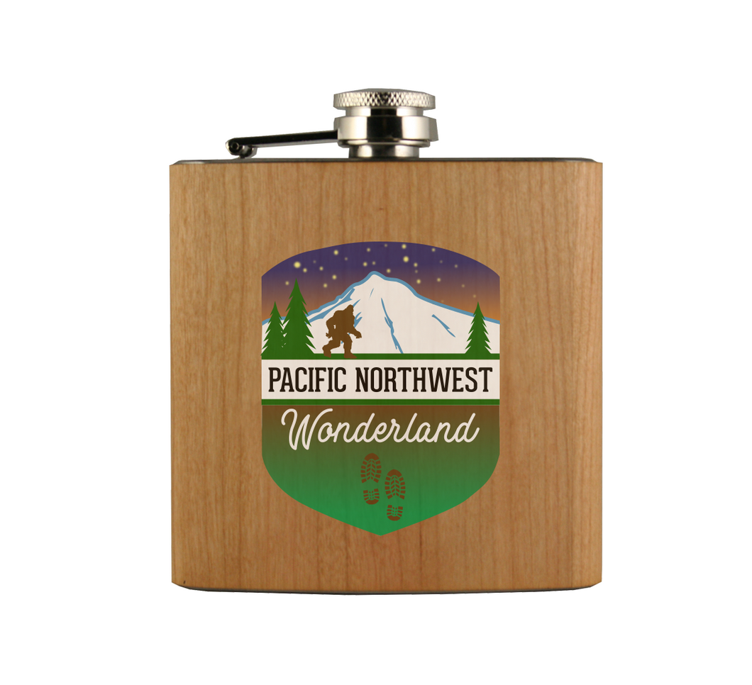 Pacific Northwest Hiker Badge Wood Flask