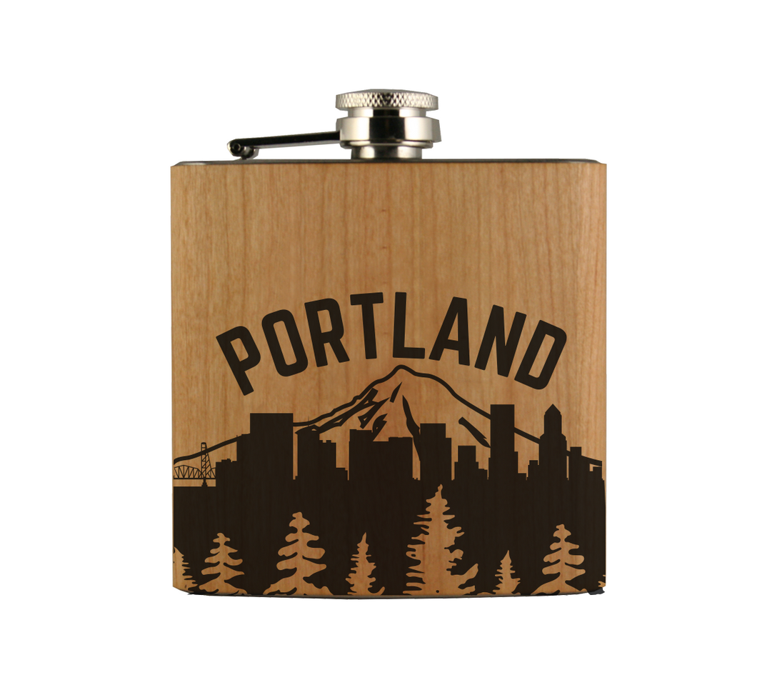 Portland Skyline Wood Flask